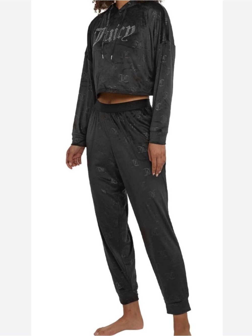 Juicy Couture Black Velour Cropped Hoodie & Jogger Sleepwear Loungewear Set Sz L